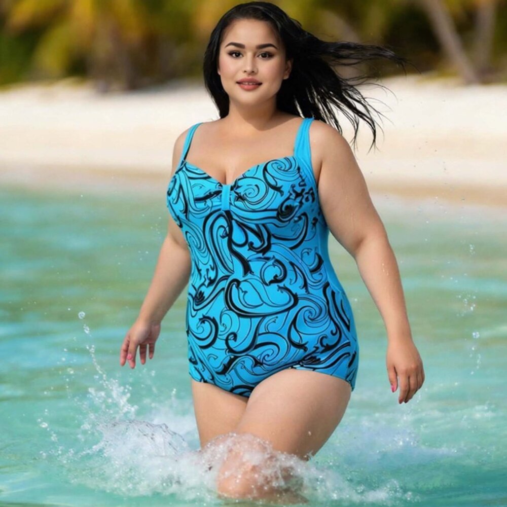 Plus 1pc Aqua Blue Swimwear Womens Size 14 Paisley Print One Piece Swimsuit